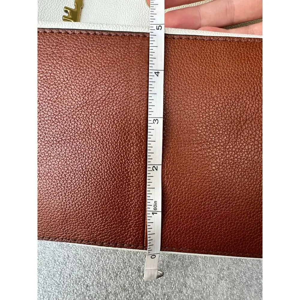 Fossil Genuine Leather Colorblock Tote Bag Ivory Cognac Brown Key Charm